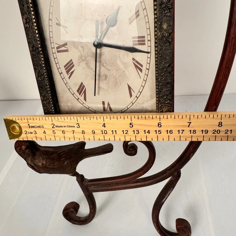 Tabletop Clock Wrought Iron Vintage Shabby Chic Bird Scroll Floral Mantel Decor